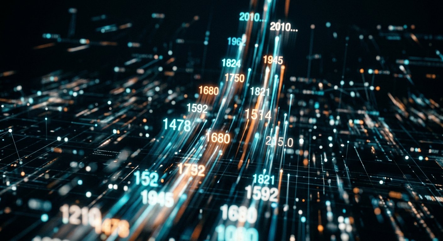 Abstract visualization of automated auction with rising bid numbers, fast-paced motion blur, dark background with bright