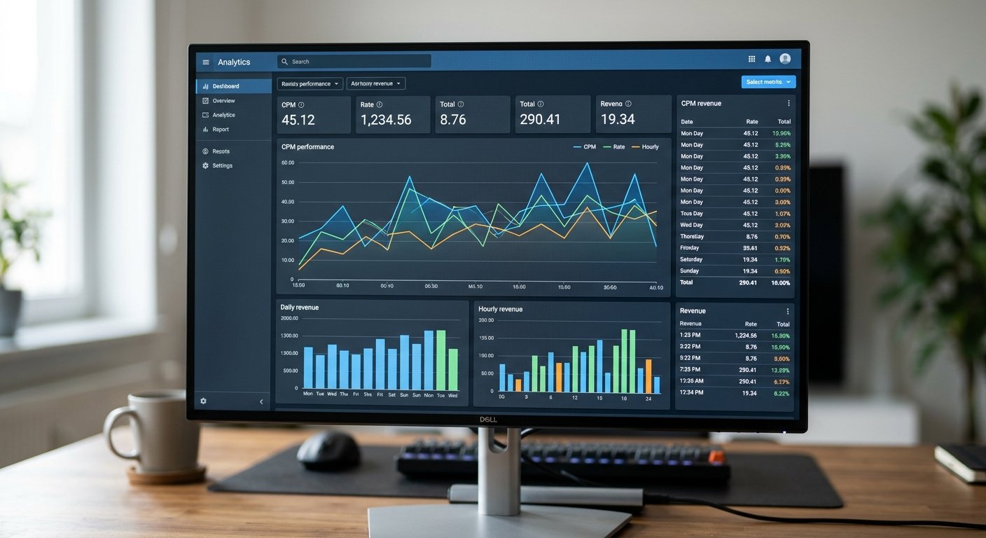 Publisher dashboard showing CPM performance graphs and revenue metrics, close-up screen view, data visualization, analyt
