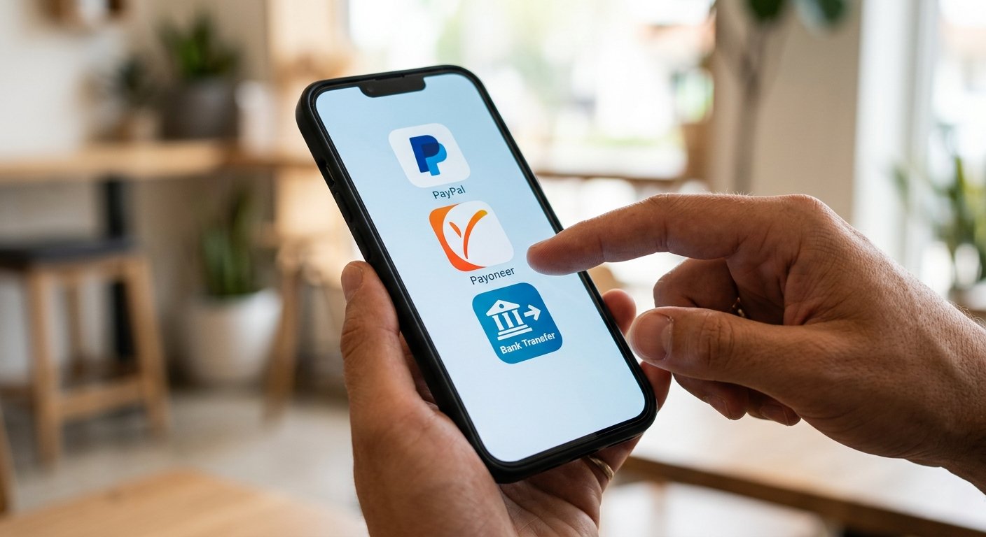 Close-up of smartphone screen displaying PayPal, Payoneer, and bank transfer app icons, finger hovering over screen, sof