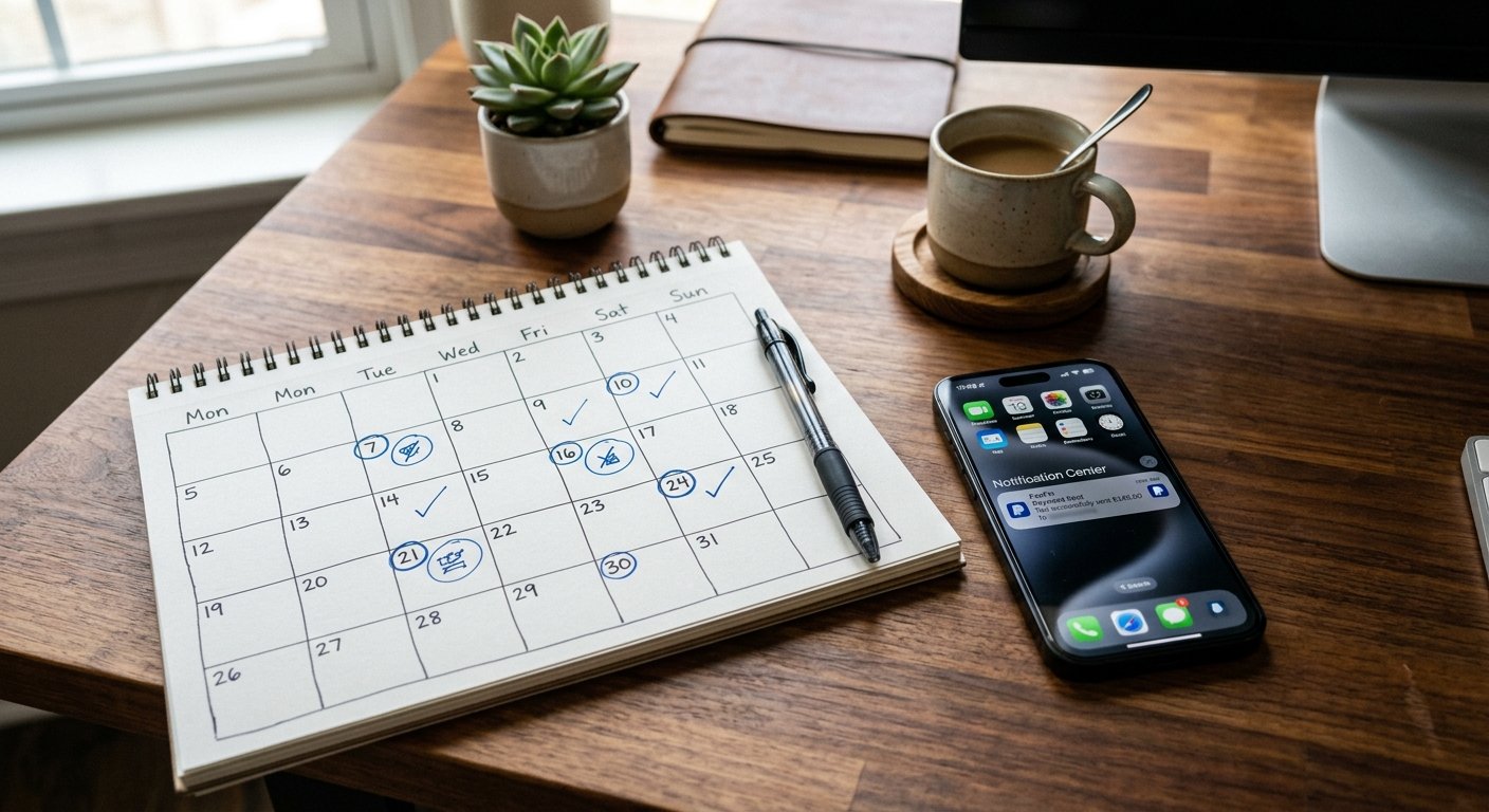 Calendar marked with multiple payment dates across different weeks, smartphone showing PayPal notification, desk workspa