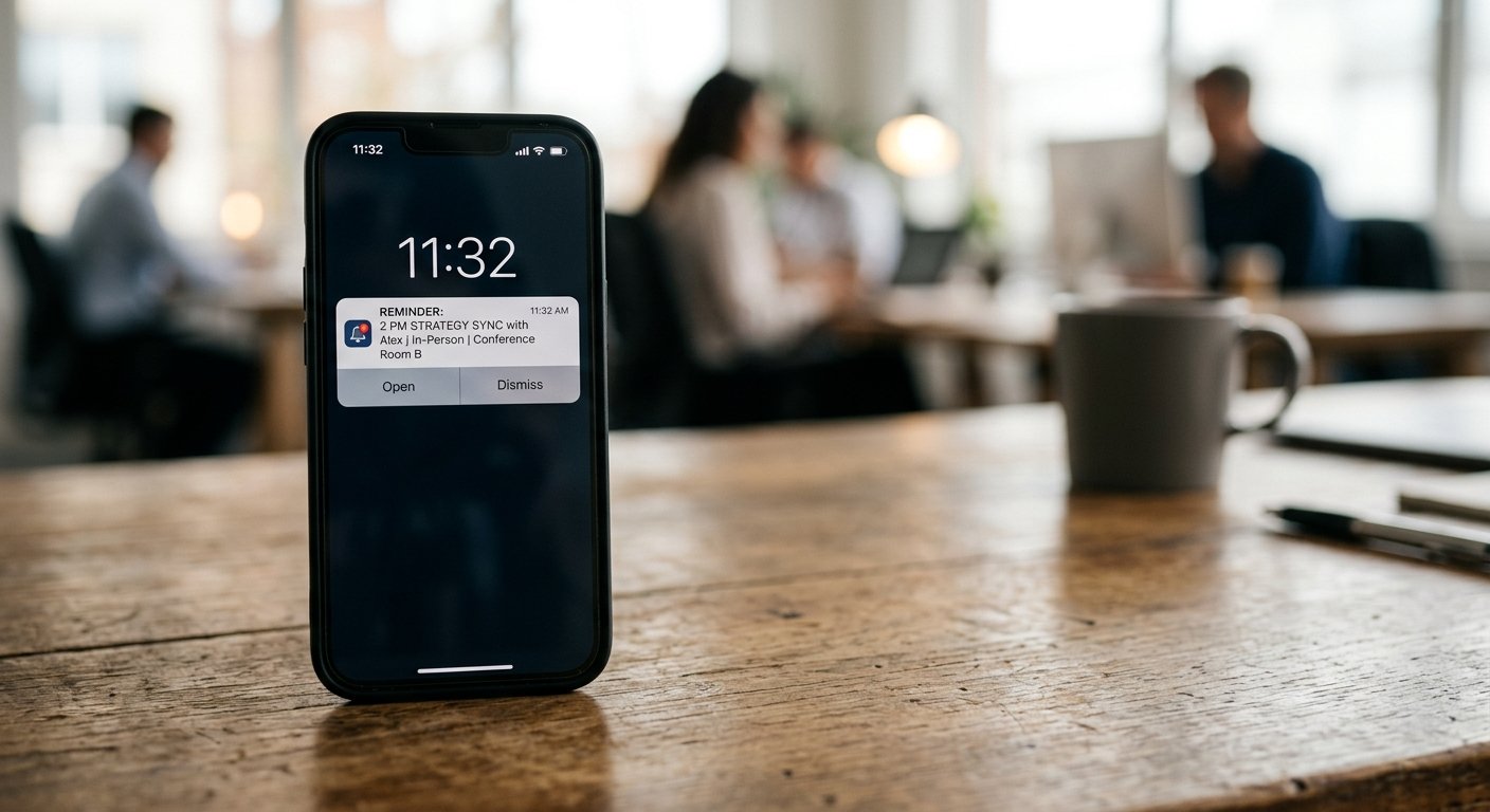 Close-up of mobile device displaying push notification ad, natural desk lighting, shallow depth of field, realistic busi
