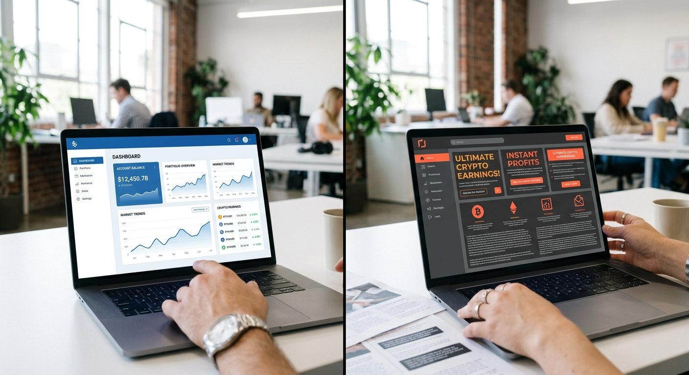 Split-screen comparison of approved versus rejected crypto website layouts showing content differences, bright editorial
