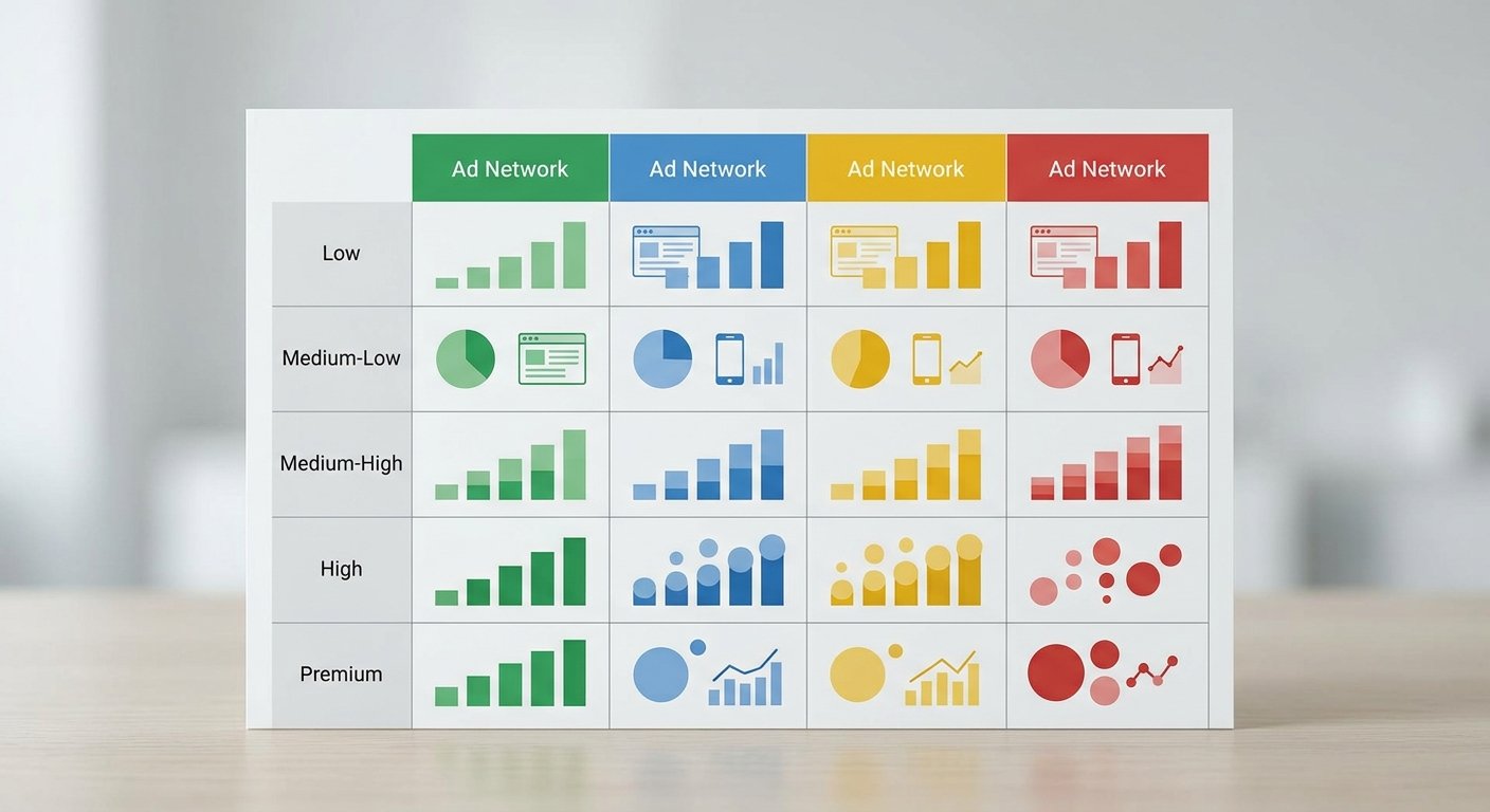 Comparison chart displaying tiered traffic requirements across multiple ad networks, minimalist infographic style, clear