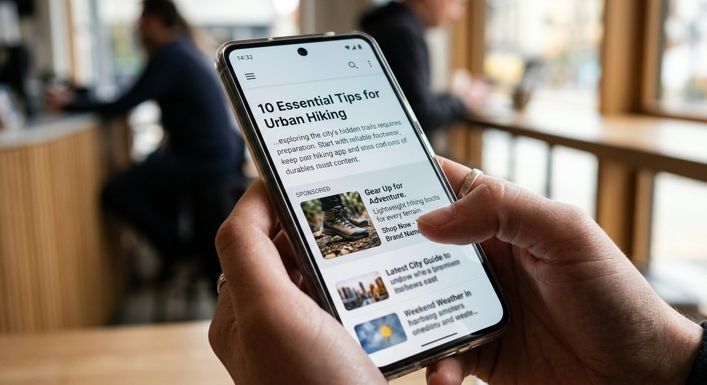Close-up of mobile phone showing native advertising widget integrated seamlessly into article feed, natural lighting, sh