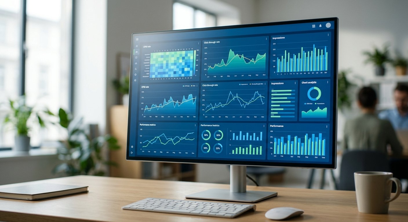 Dashboard analytics view showing CPM rates and click-through data, modern interface, blue-green palette, professional da