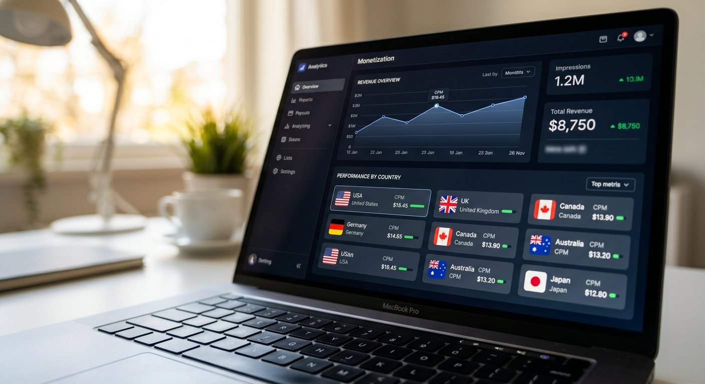 Close-up of monetization dashboard showing CPM metrics and country flags, soft natural light, shallow depth of field, mo
