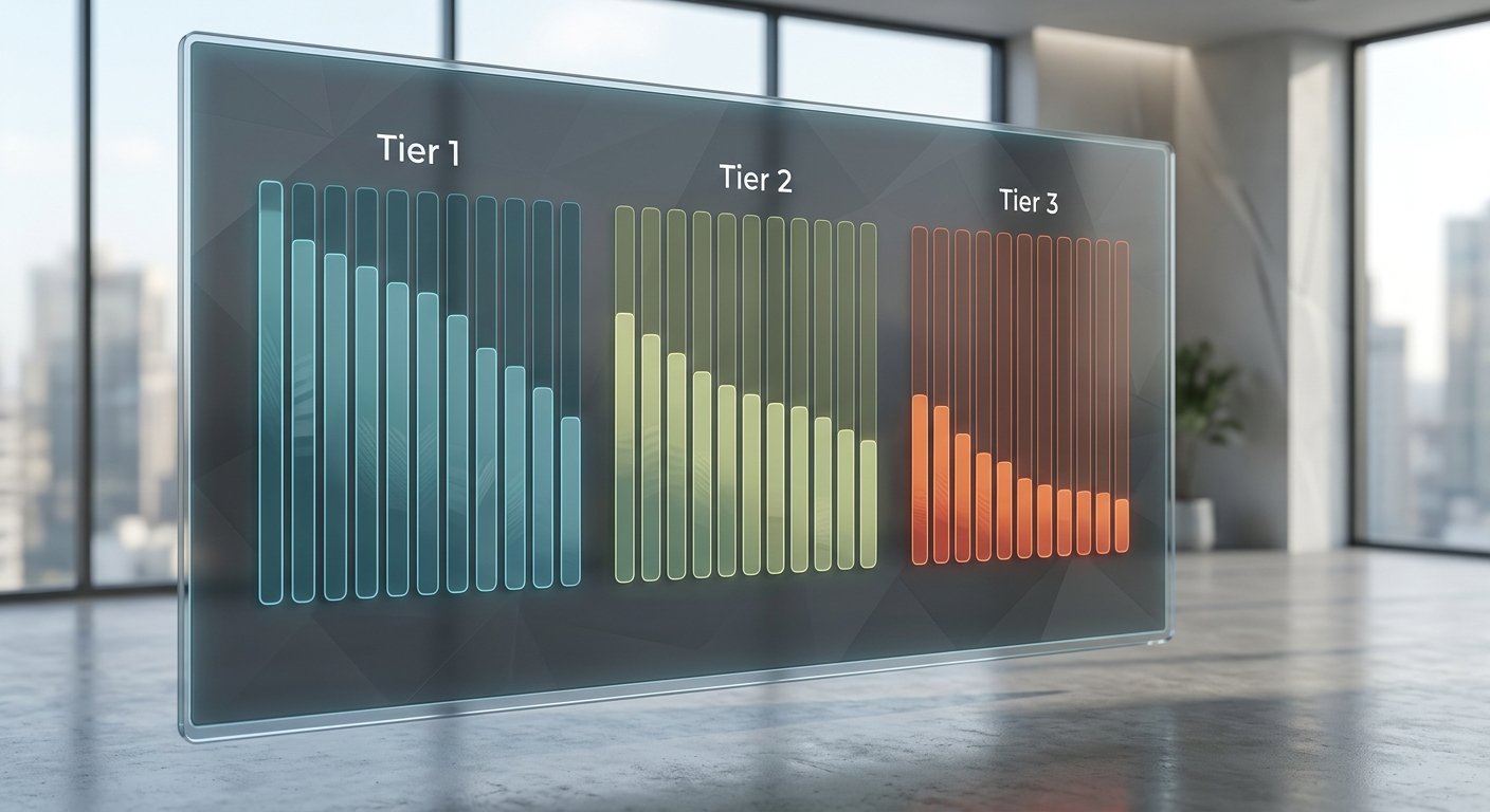 Side-by-side comparison chart of CPM rates across Tier 1, Tier 2, and Tier 3 geos, data visualization style, modern mini