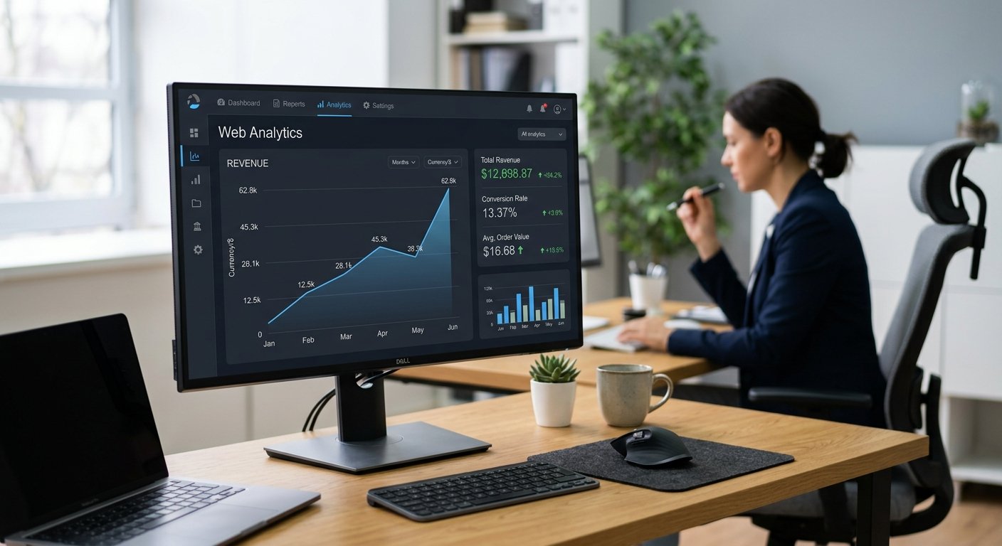 Website analytics showing rising revenue graph, clean modern interface, sharp focus on metrics, professional workspace