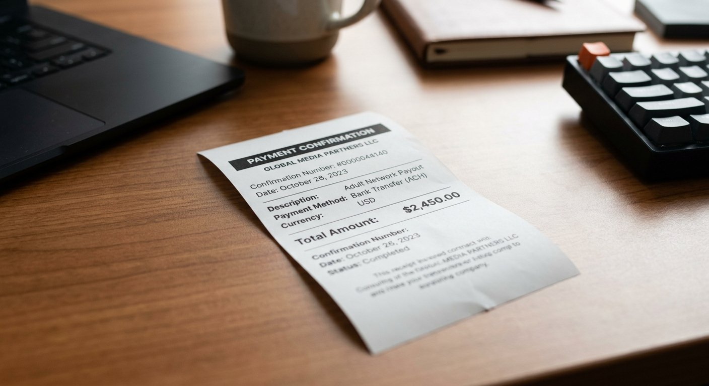 Close-up of payment receipt showing adult network payout confirmation with currency symbols, professional desk backgroun