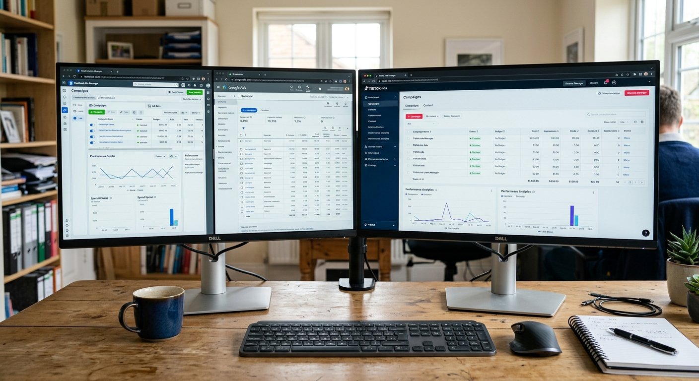 Split-screen comparison of multiple ad platform interfaces on dual monitors, crisp UI details, realistic workspace with
