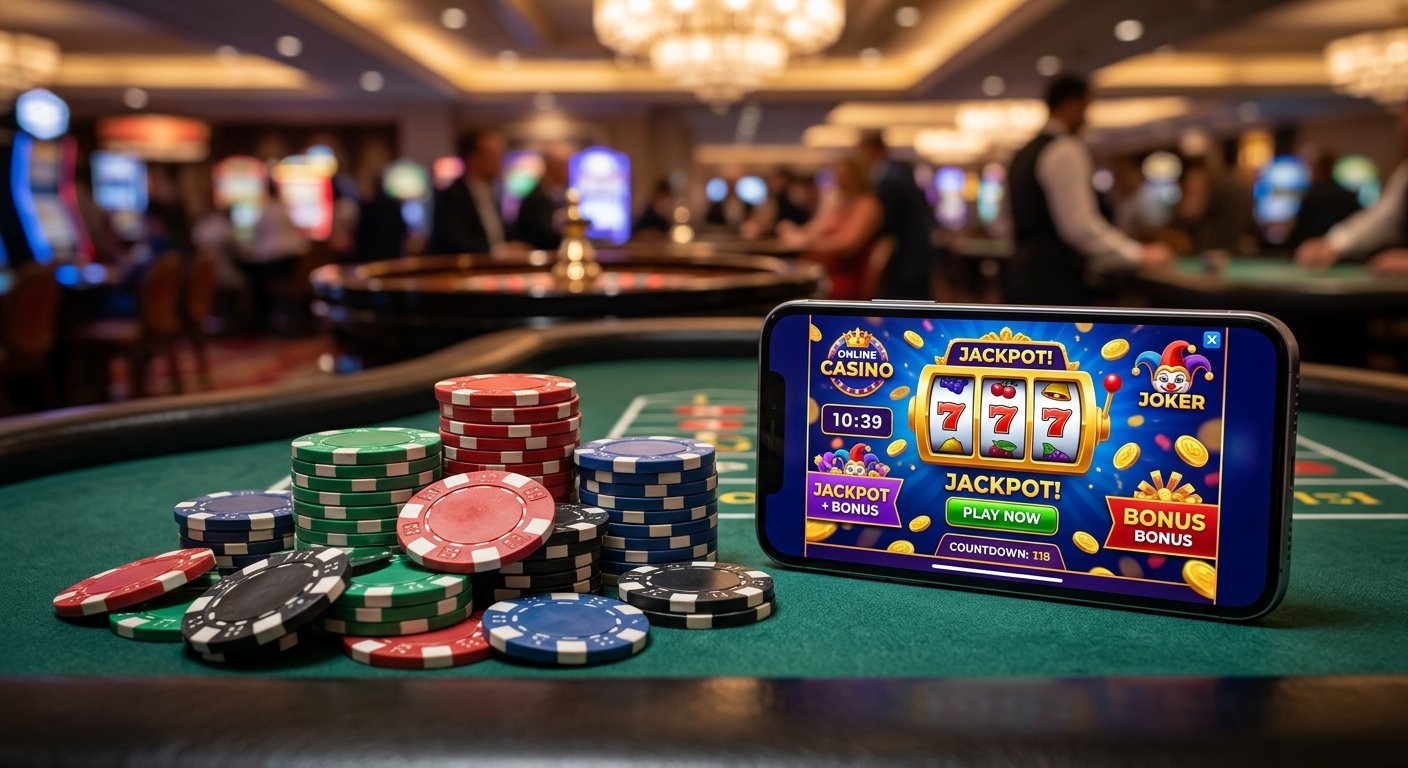 Casino chips and smartphone displaying popunder ad interface, vibrant casino colors, professional product photography, s