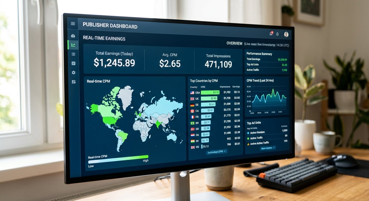 Publisher dashboard showing real-time CPM earnings across different countries, modern UI design, focused screen capture,