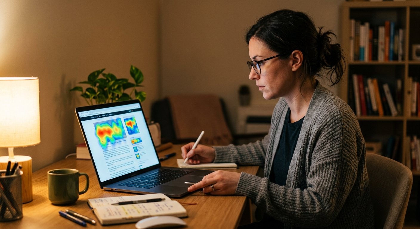 Publisher working at laptop reviewing ad placement heatmap overlay on blog layout, warm desk lamp, concentration, shallo
