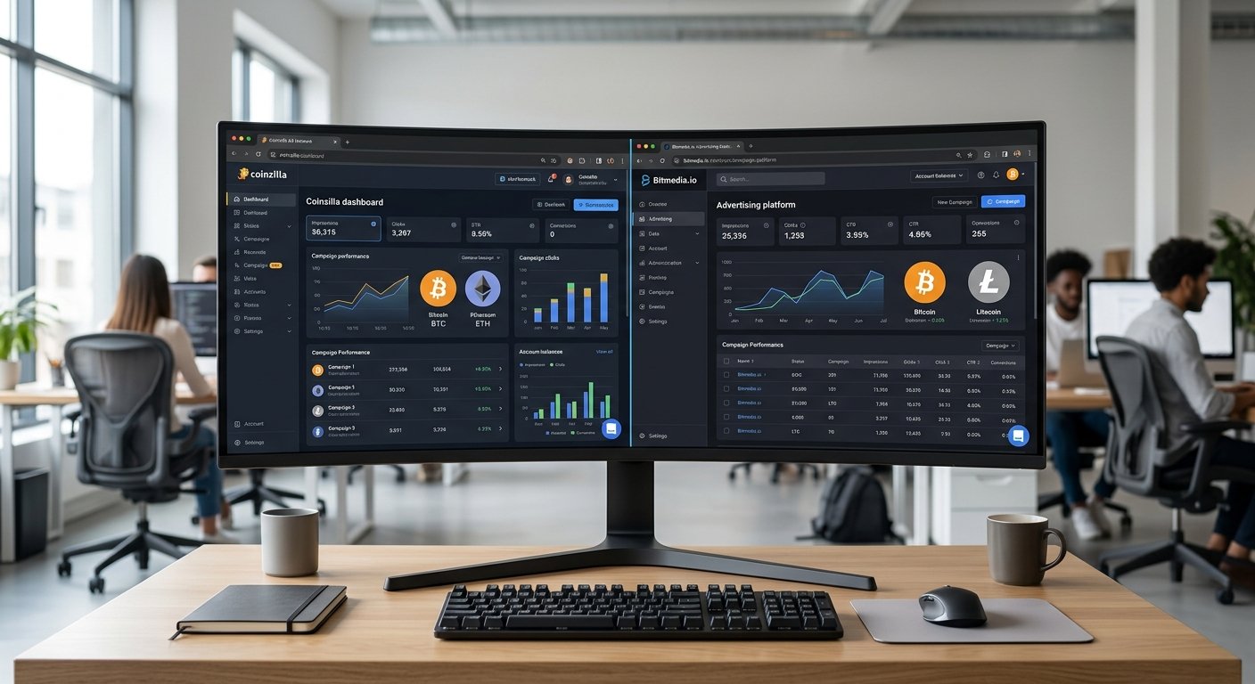 Split-screen comparison of Coinzilla and Bitmedia ad interfaces, crypto logos visible, professional tech setup, natural