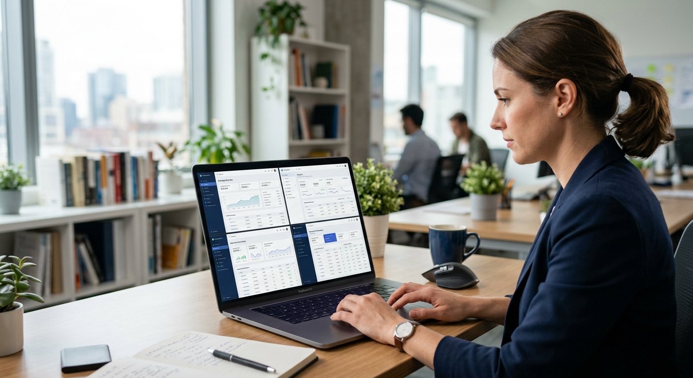 Publisher reviewing multiple ad network payment interfaces side by side on laptop screen, comparative analysis setup, of
