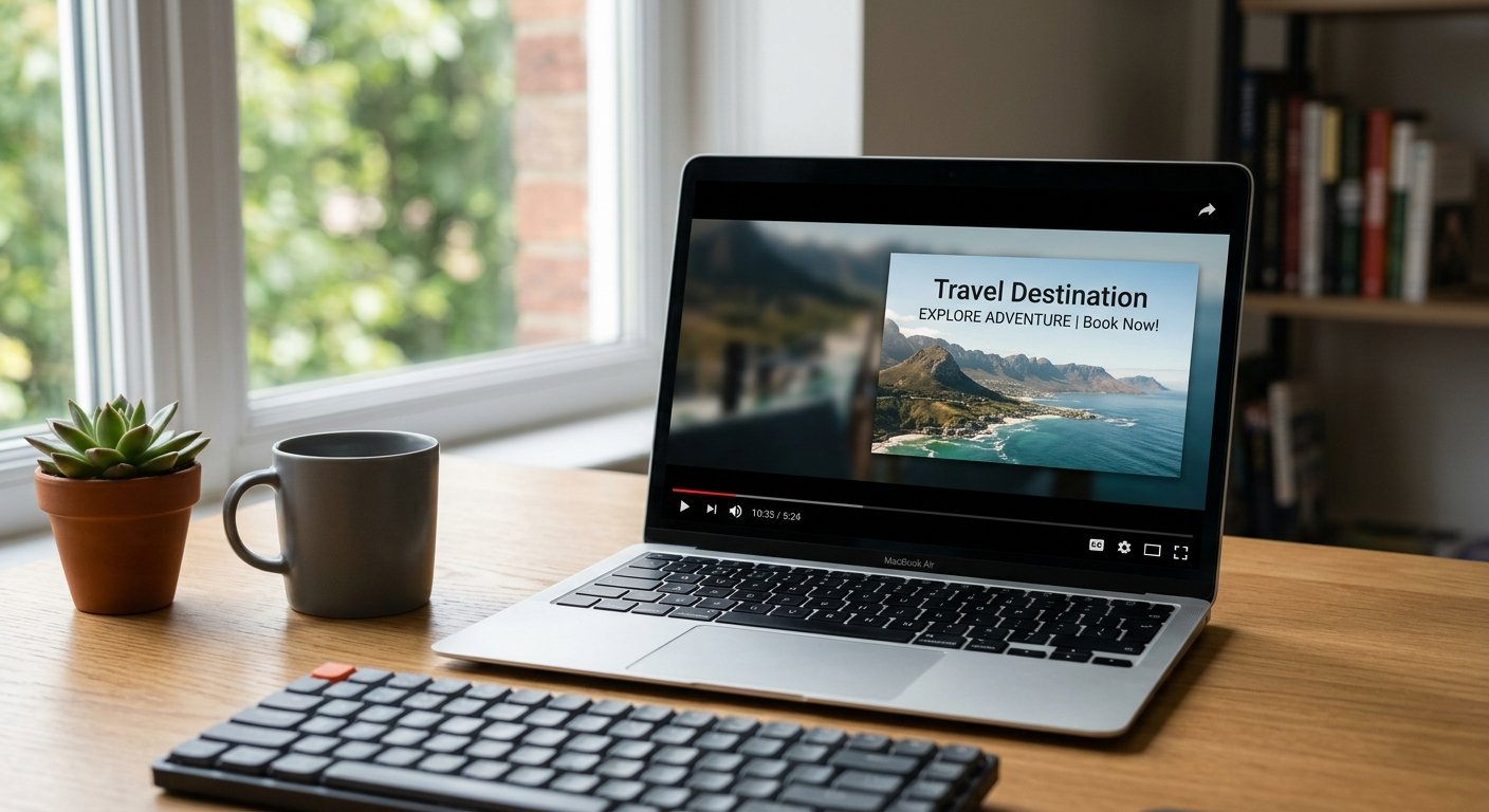 Video player with ad overlay on laptop screen, clean workspace setup, natural window light, shallow depth of field