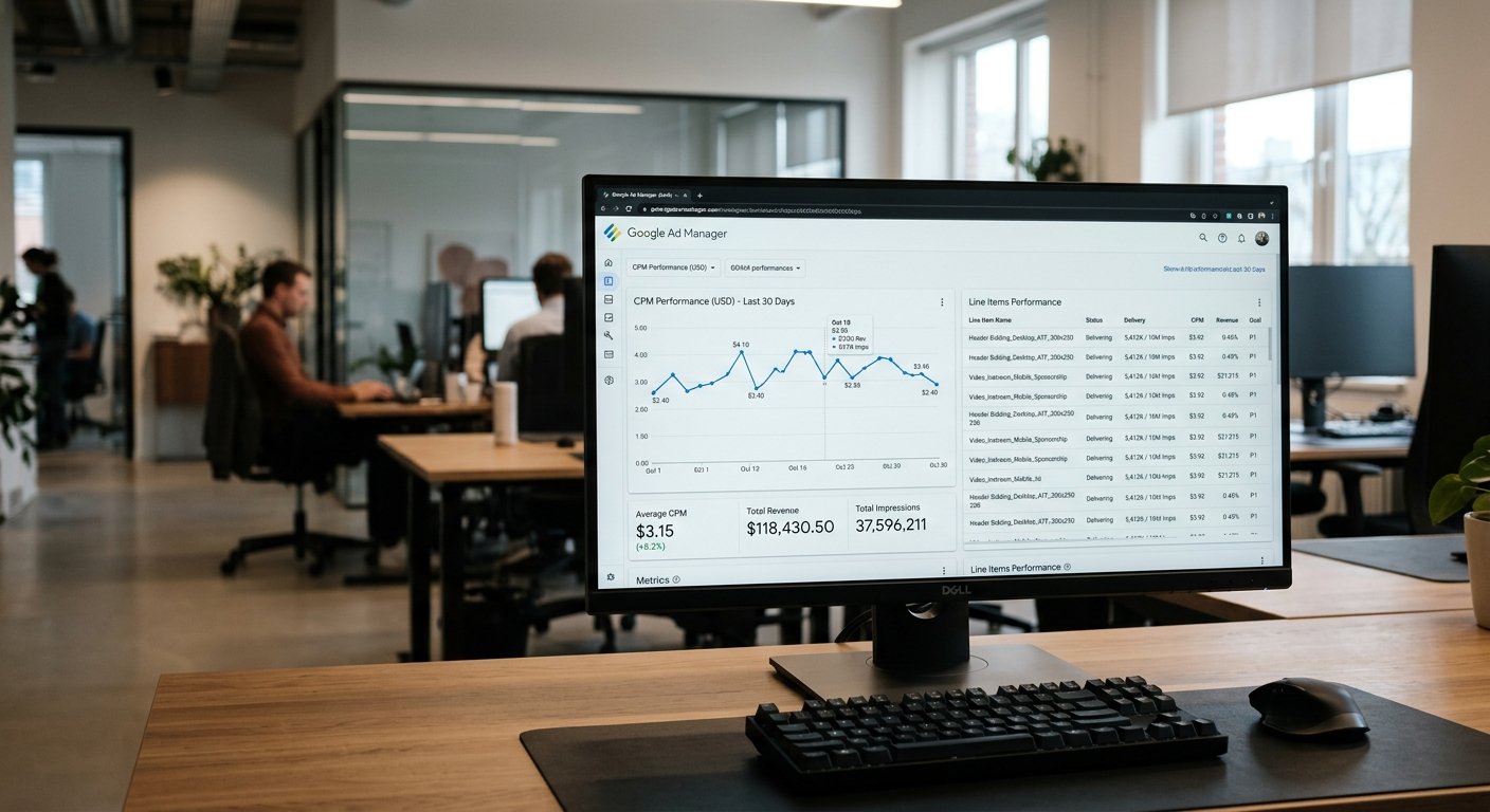 Close-up of Google Ad Manager dashboard displaying CPM performance charts and line items, soft overhead lighting, sharp