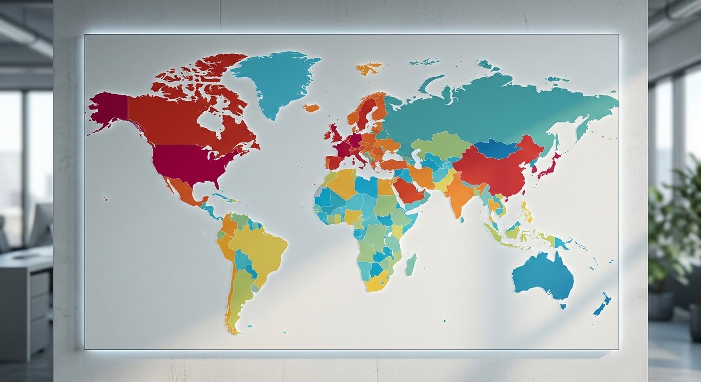 World map visualization with highlighted regions showing CPM rate differences, color-coded tiers, modern infographic sty