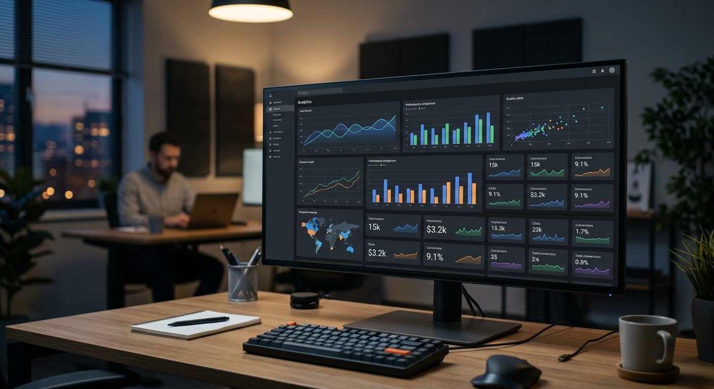Digital dashboard showing multiple ad network analytics graphs and revenue metrics, dark UI theme, professional workspac