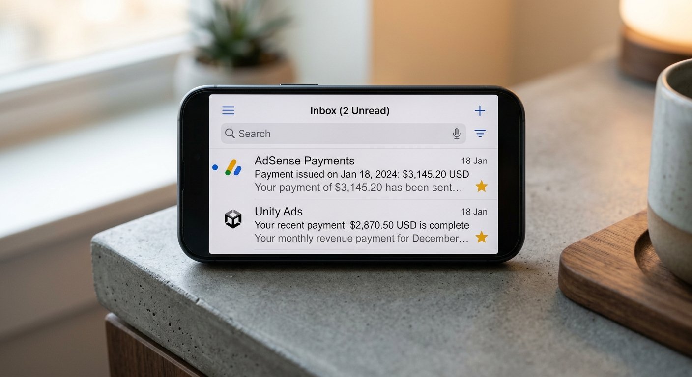 Close-up of payment notification emails from both ad networks displayed on smartphone screen, modern minimal background,