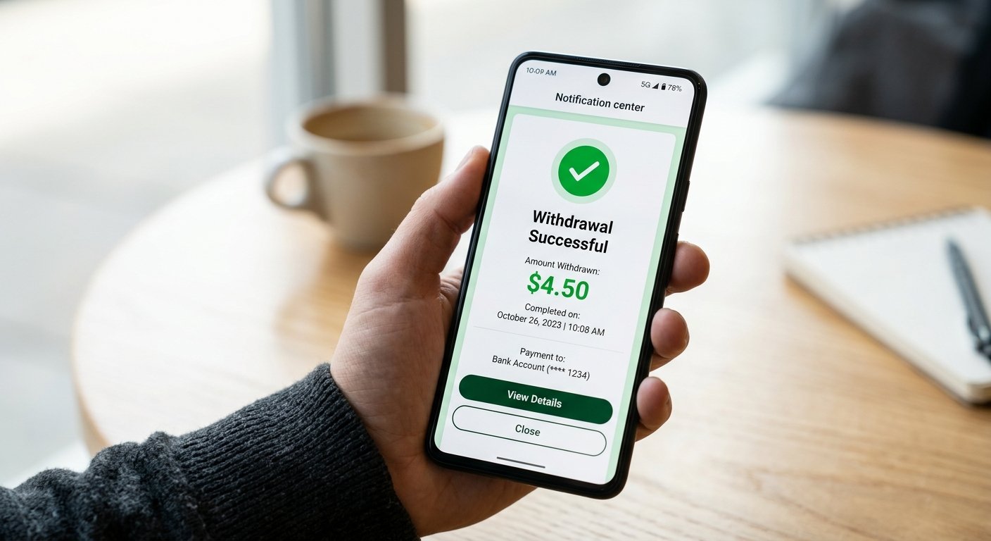 Digital payment notification on smartphone screen showing successful withdrawal, low payout threshold amount displayed,