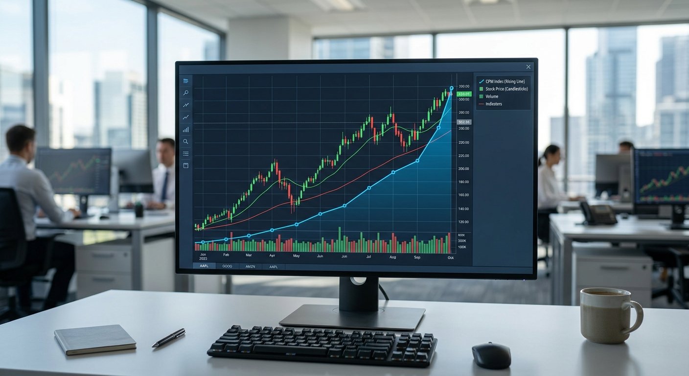 Stock market chart with rising CPM metrics overlay, clean modern interface, professional financial data visualization, b