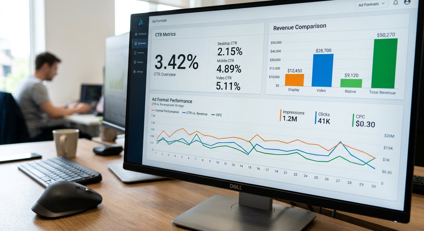 Close-up of analytics dashboard displaying CTR metrics and revenue comparison between ad formats, sharp focus on numbers