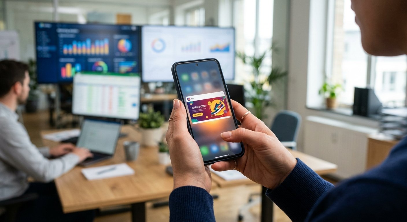 Mobile phone displaying push notification ad, hands holding device, bright screen glow, marketing analytics visible in b