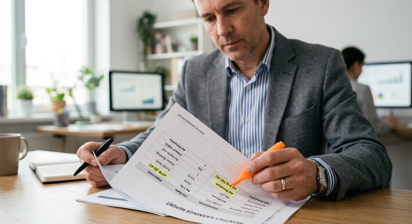 Close-up of a publisher reviewing monthly earnings report with highlighted CPM metrics, neutral office background, natur