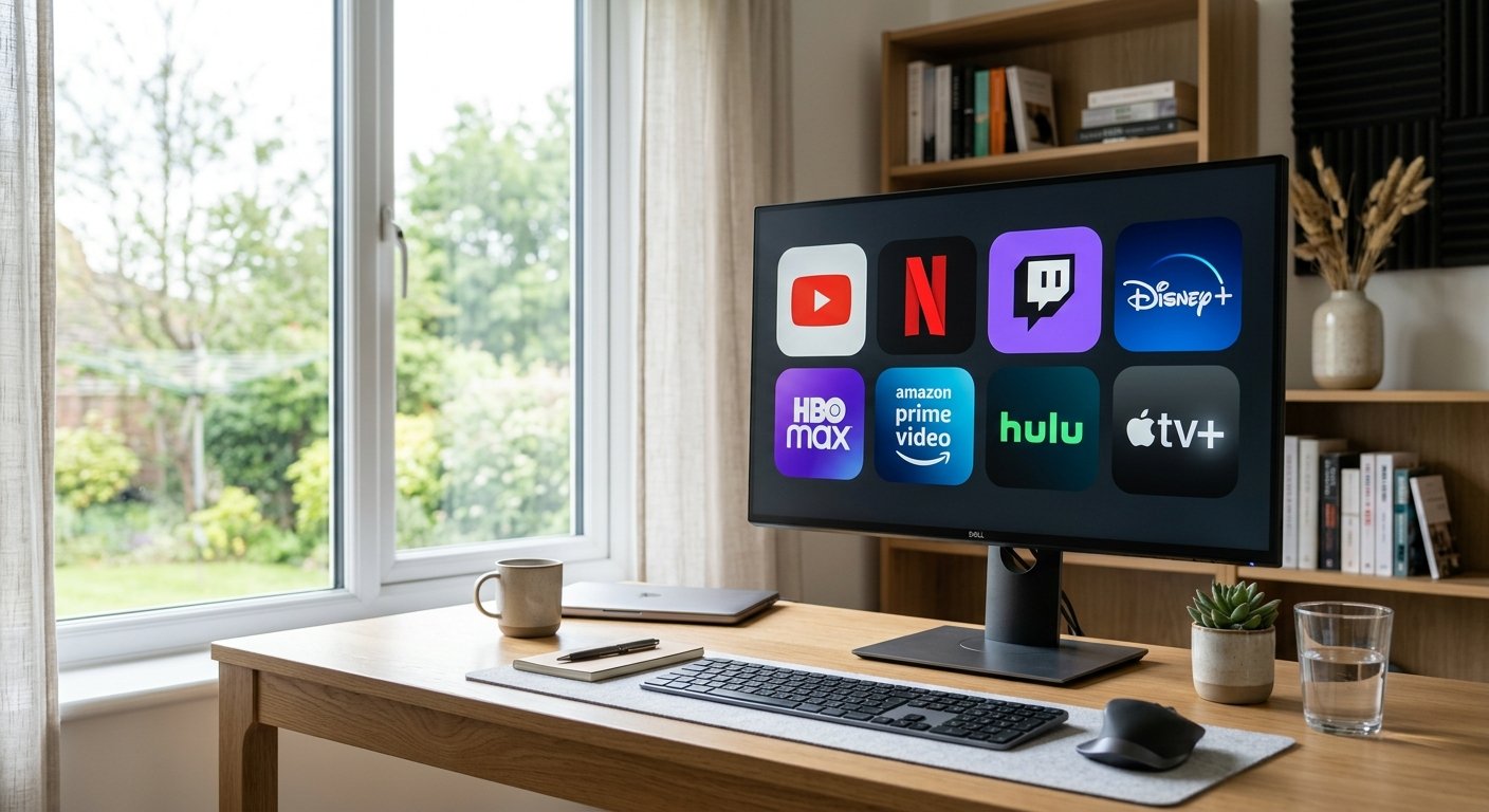 Multiple video platform logos displayed on monitor, clean modern workspace, soft daylight from window