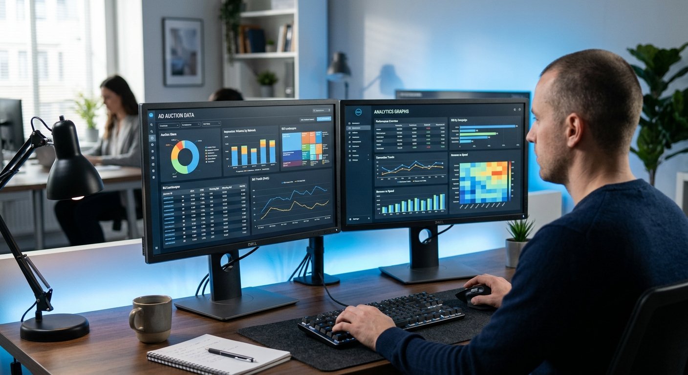 Split-screen comparison showing ad auction data and analytics graphs on dual monitors, professional workspace, cool blue