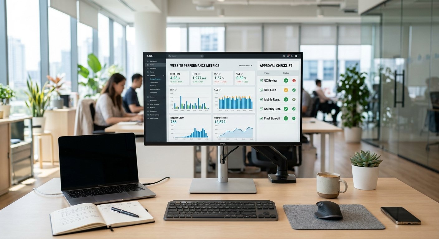 Website performance metrics and approval checklist on monitor, bright modern office setting, organized desk