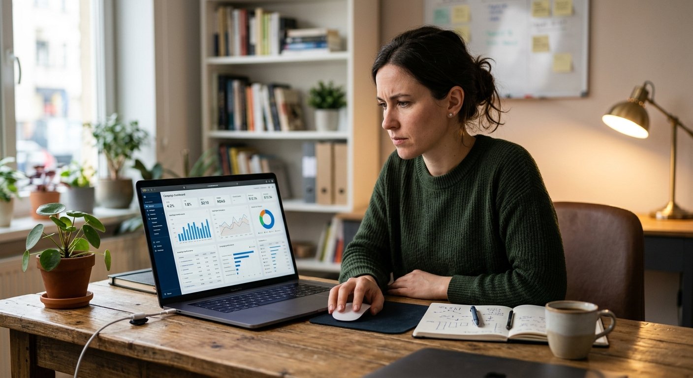 Affiliate marketer analyzing campaign dashboard on laptop screen showing CTR and conversion metrics, focused expression,
