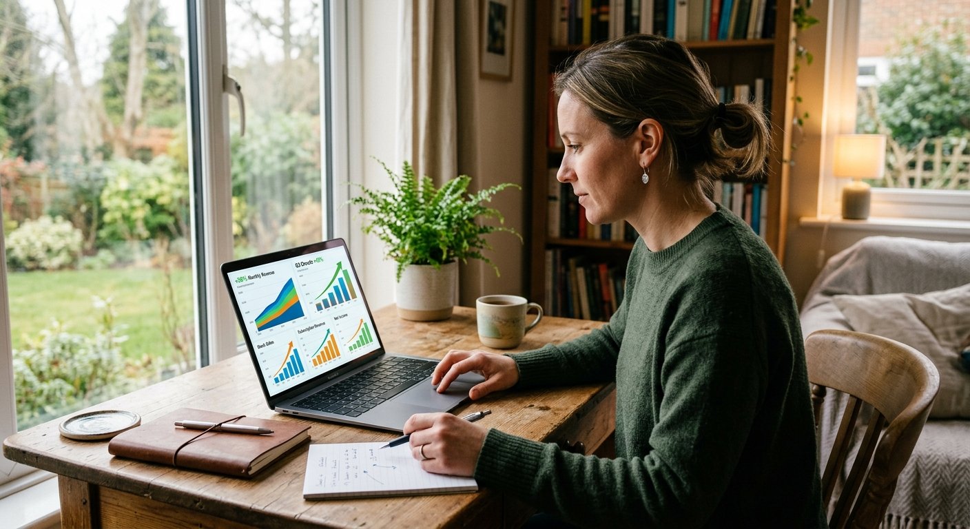 Small publisher reviewing analytics on laptop screen, casual home office setup, natural window light, focus on revenue g