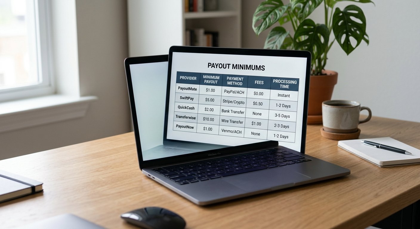 Comparison table on laptop screen showing payout minimums $1 to $10, neutral workspace, focused product shot, profession