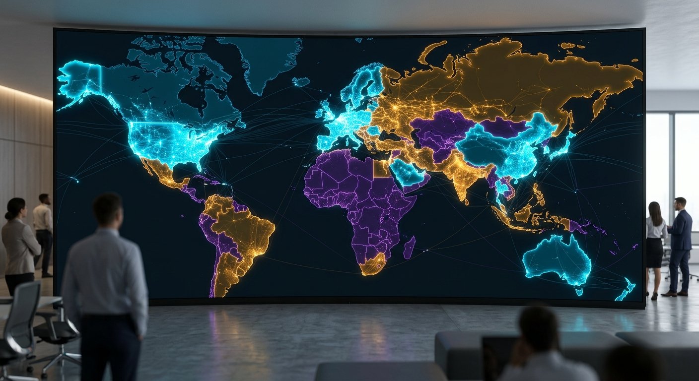 World map highlighting Tier 1, 2, and 3 traffic regions with color-coded overlays, clean infographic style, data visuali