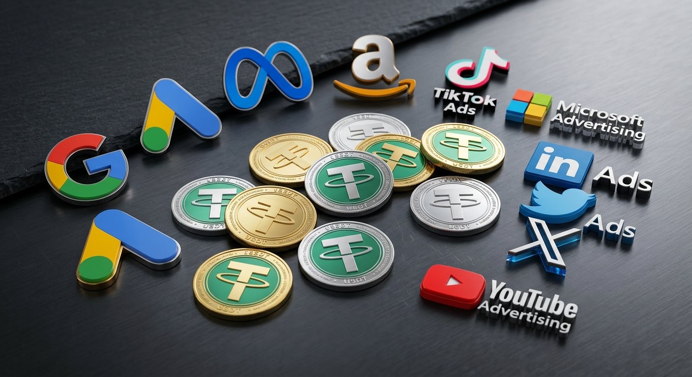 USDT tokens and ad network logos arranged on dark surface, studio lighting, sharp focus, business concept photography
