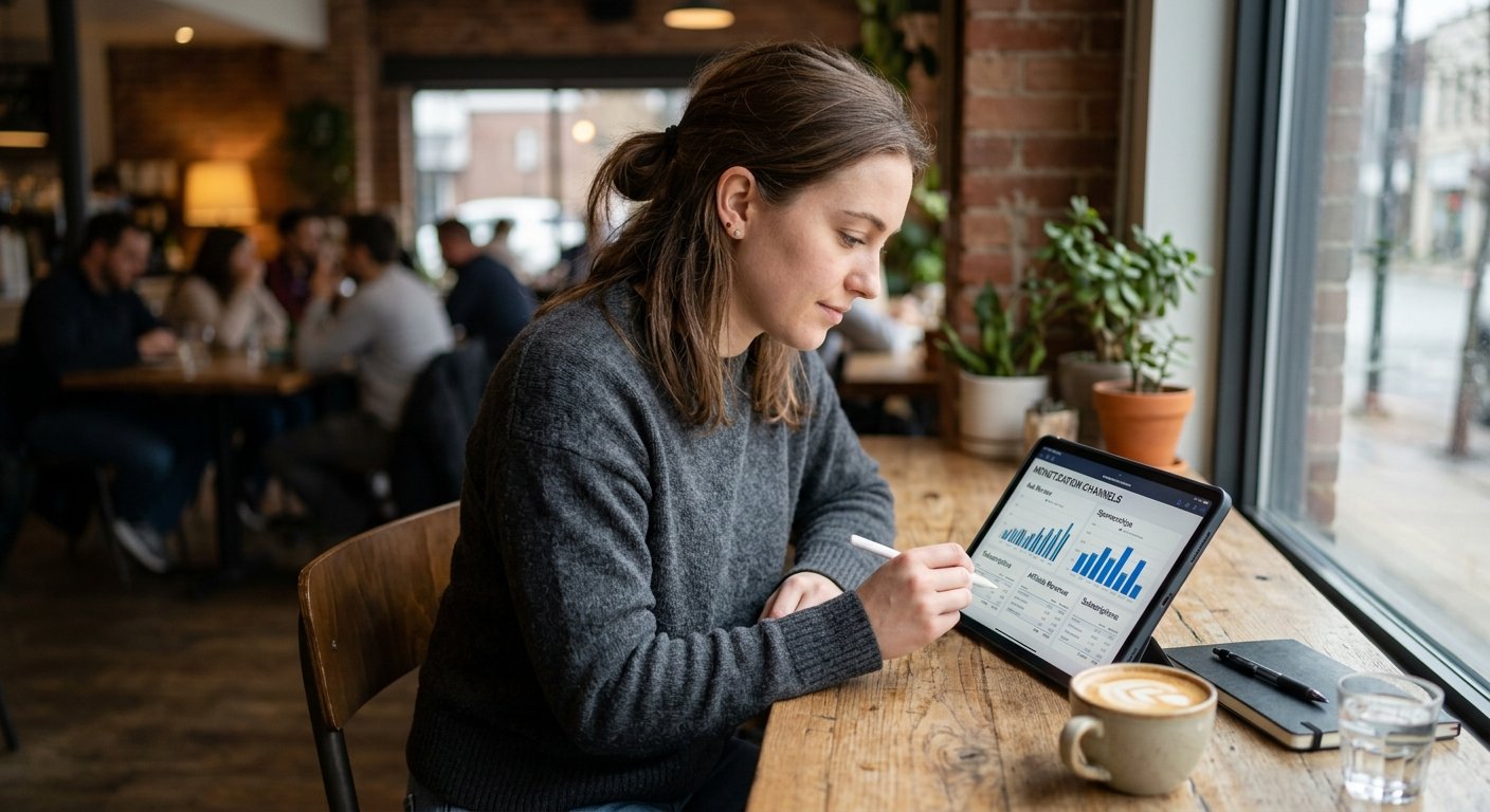Publisher reviewing multiple monetization channels on tablet, coffee shop setting, natural window light, focused express