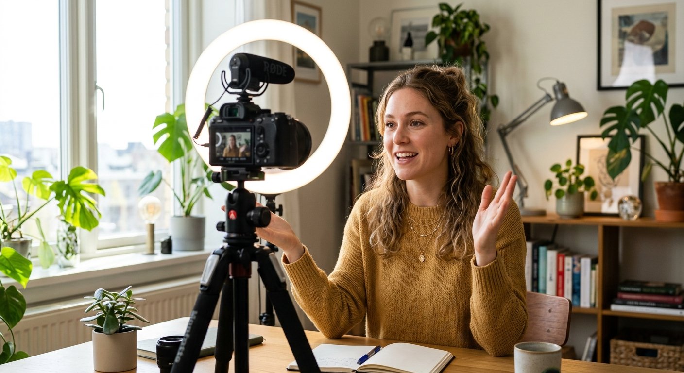 Creator filming video with ring light and camera, mid-recording gesture, bright natural window light, authentic content