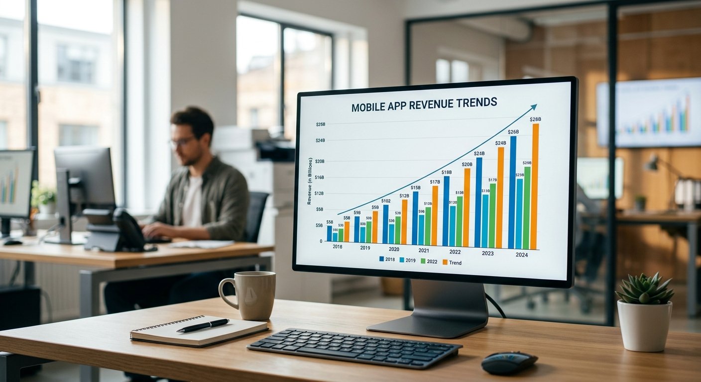 Graph showing rising mobile app revenue trends on computer screen, modern office setting, sharp focus on data visualizat