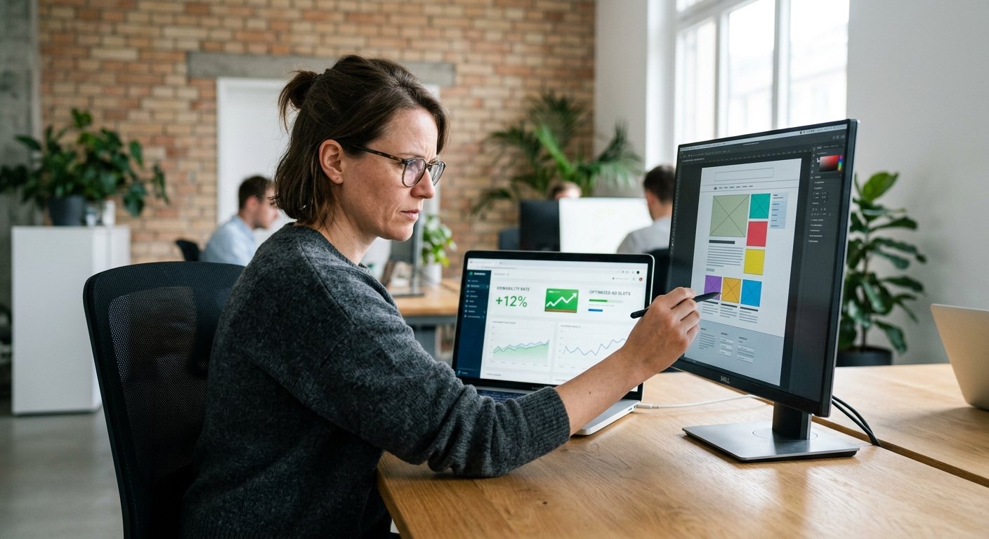 Publisher adjusting ad placements on website mockup, bright modern workspace, focused expression, laptop screen showing