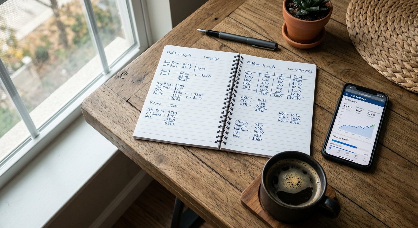 Flat lay of notepad with arbitrage profit calculations, smartphone showing traffic stats, coffee cup, natural window lig