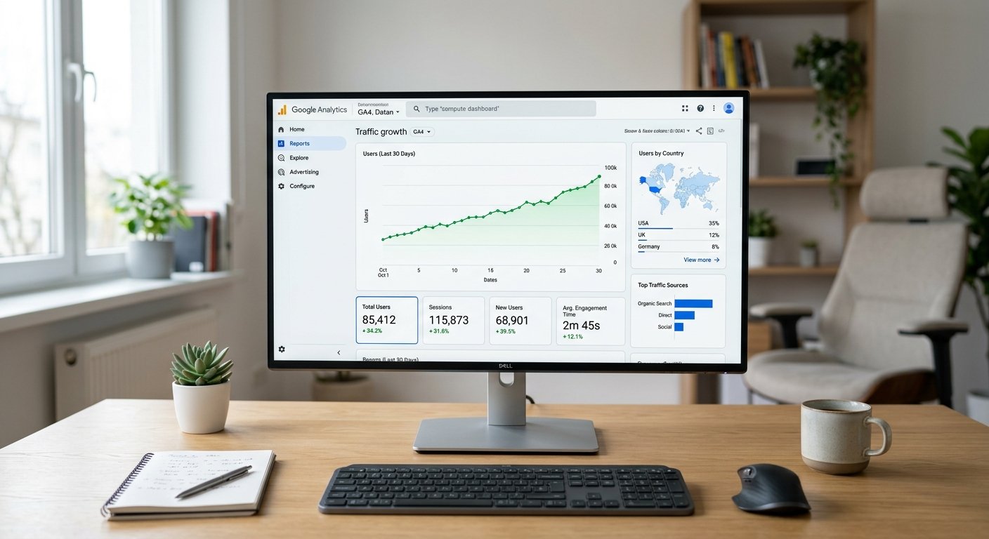 Traffic growth chart trending upward on computer screen, Google Analytics dashboard visible, steady progress visualizati