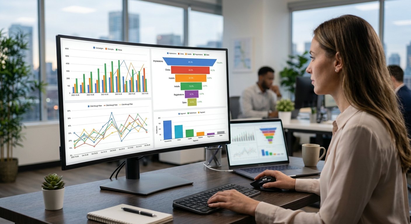 Split-screen analytics dashboard showing CTR graphs and conversion funnels for push traffic campaigns, professional offi