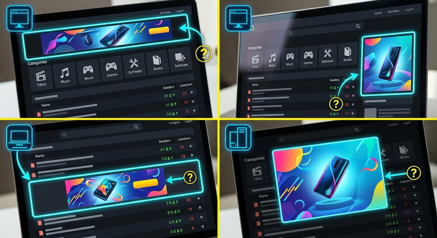 Split-screen comparison of different ad formats on torrent website, vibrant contrast, annotated overlay, educational tec