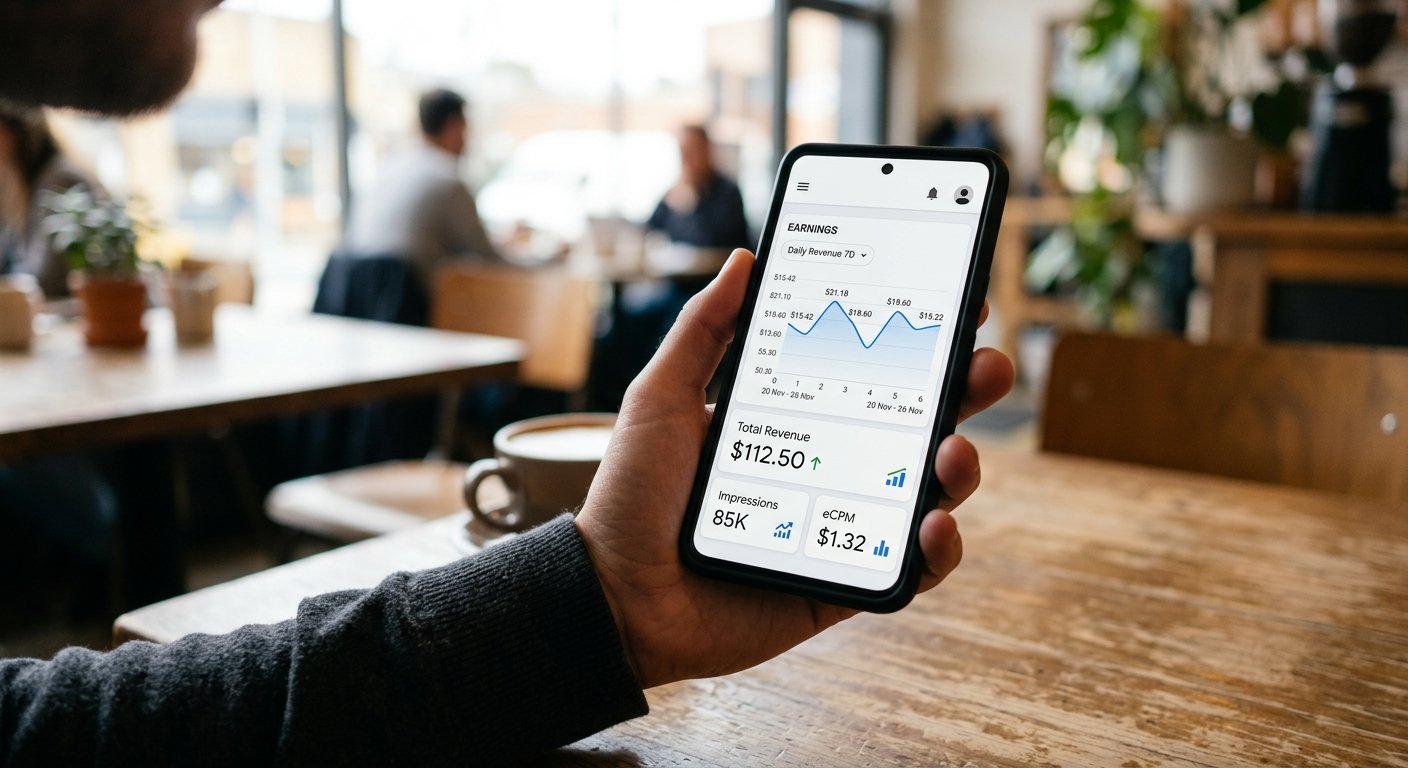 Mobile phone displaying ad network dashboard with earnings graph, blurred café background, natural daylight, modern work