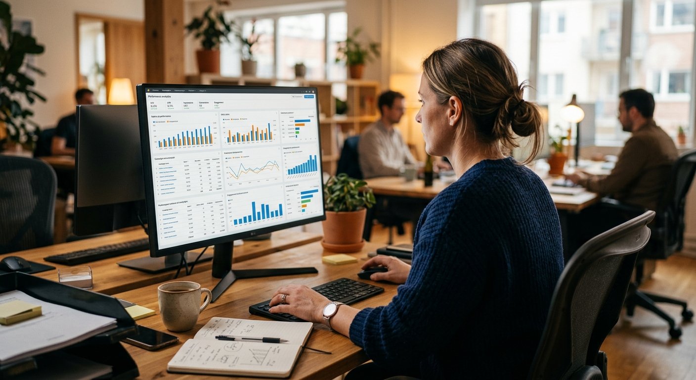 Publisher reviewing native ad performance analytics on desktop monitor, warm office environment, over-shoulder perspecti