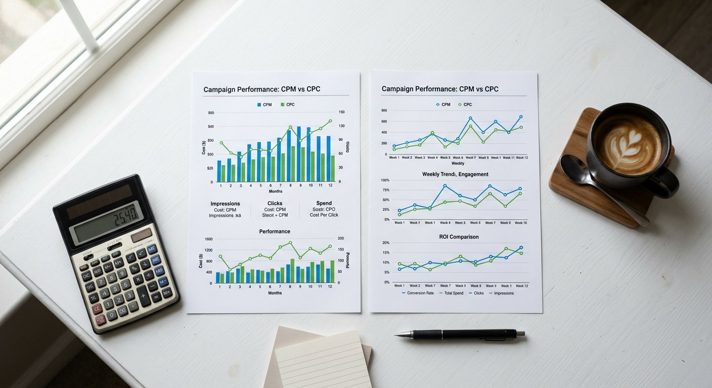 Overhead flat-lay of printed charts comparing CPM and CPC data, natural window light, white desk, calculator and coffee