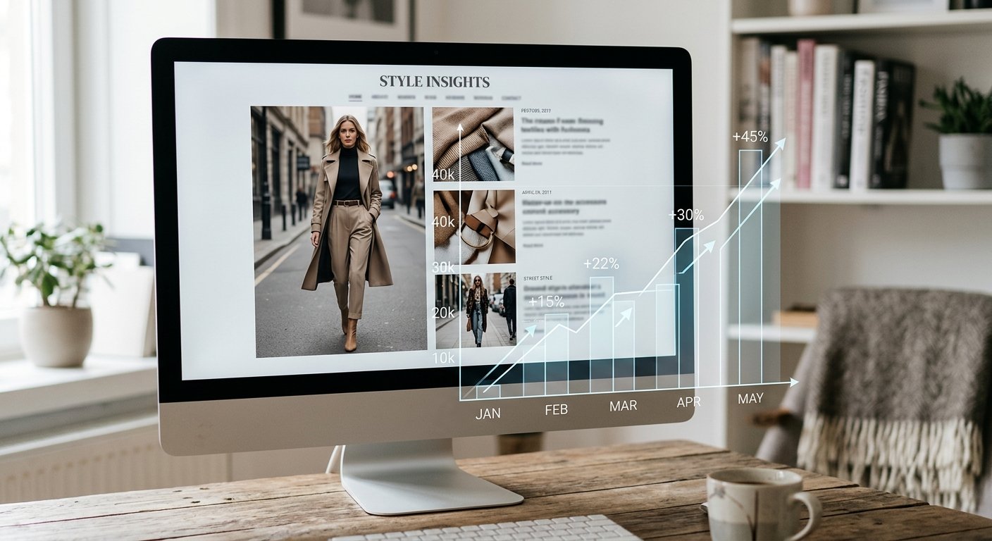 Revenue growth chart overlaid on fashion blog homepage mockup, professional photography, shallow depth of field, aspirat